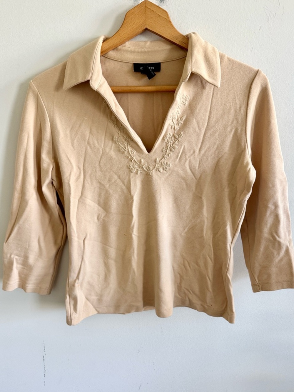 Vintage 90s Y2K express tan v-neck polo 3/4 cotton embroidered top size large